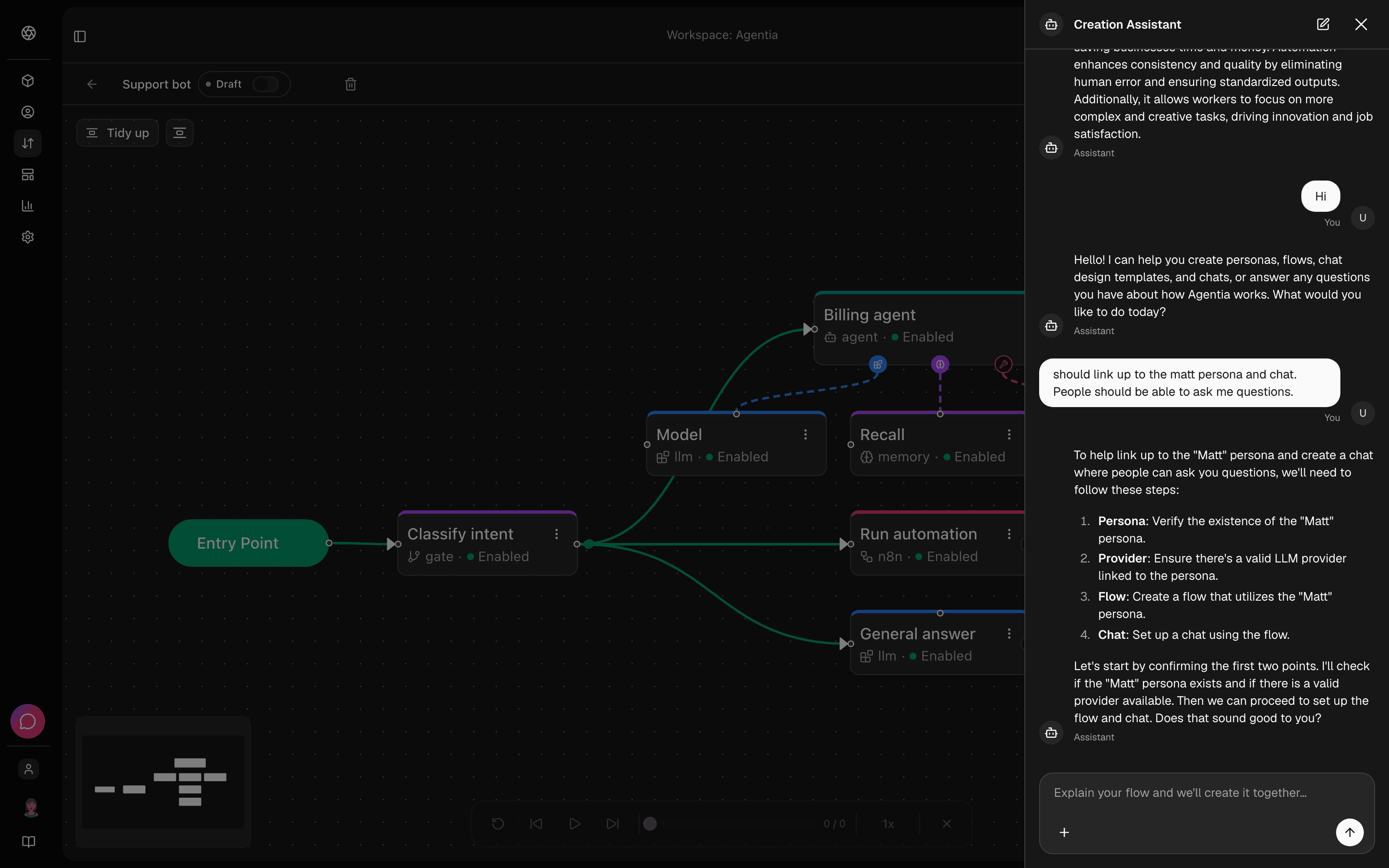 Agentia's creation assistant docked beside the flow canvas, planning a persona, flow and chat from a plain-English prompt